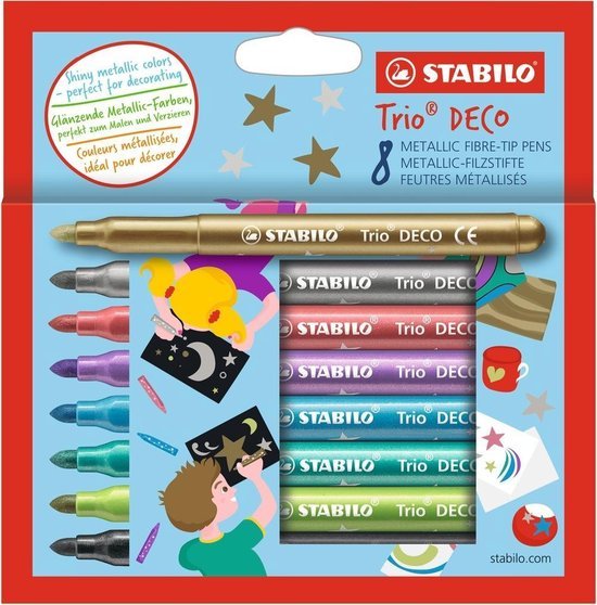 STABILO Trio DECO - Metallic Viltstift - Met Extra Dikke Punt 3,0 mm - Etui Met 8 Kleuren